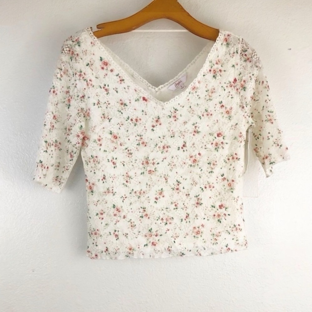 Candie’s Floral Lace Baby Tee Cottagecore Elbow Sleeve Top Large